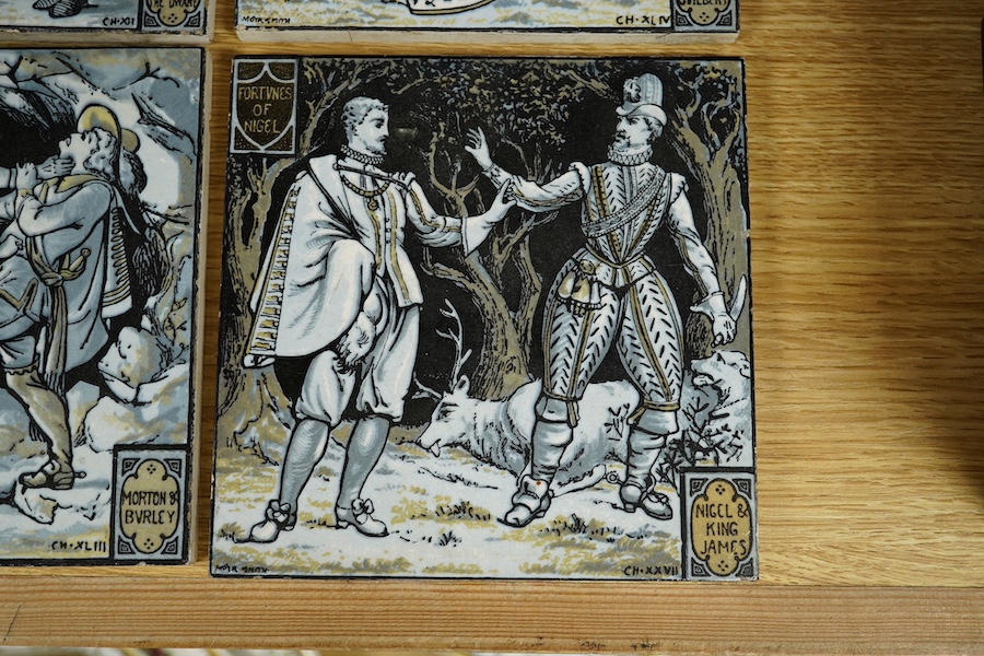 A set of four Minton tiles designed by John Moyr Smith (1839-1912), to include Nigel & King James and Sir Kenneth & the Dwarves, each 15 x 15cm. Condition -fair/good